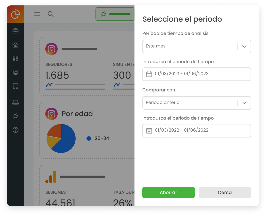 Dashboard de Facebook, Instagram y Google Analytics con un modal para la selección de período para análisis, dentro de mLabs DashGoo.