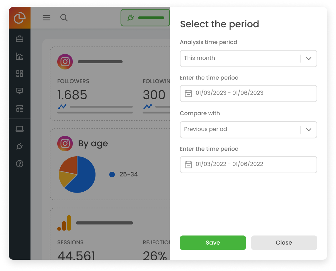 Facebook, Instagram, and Google Analytics dashboard with a modal for period selection for analysis, within mLabs DashGoo.
