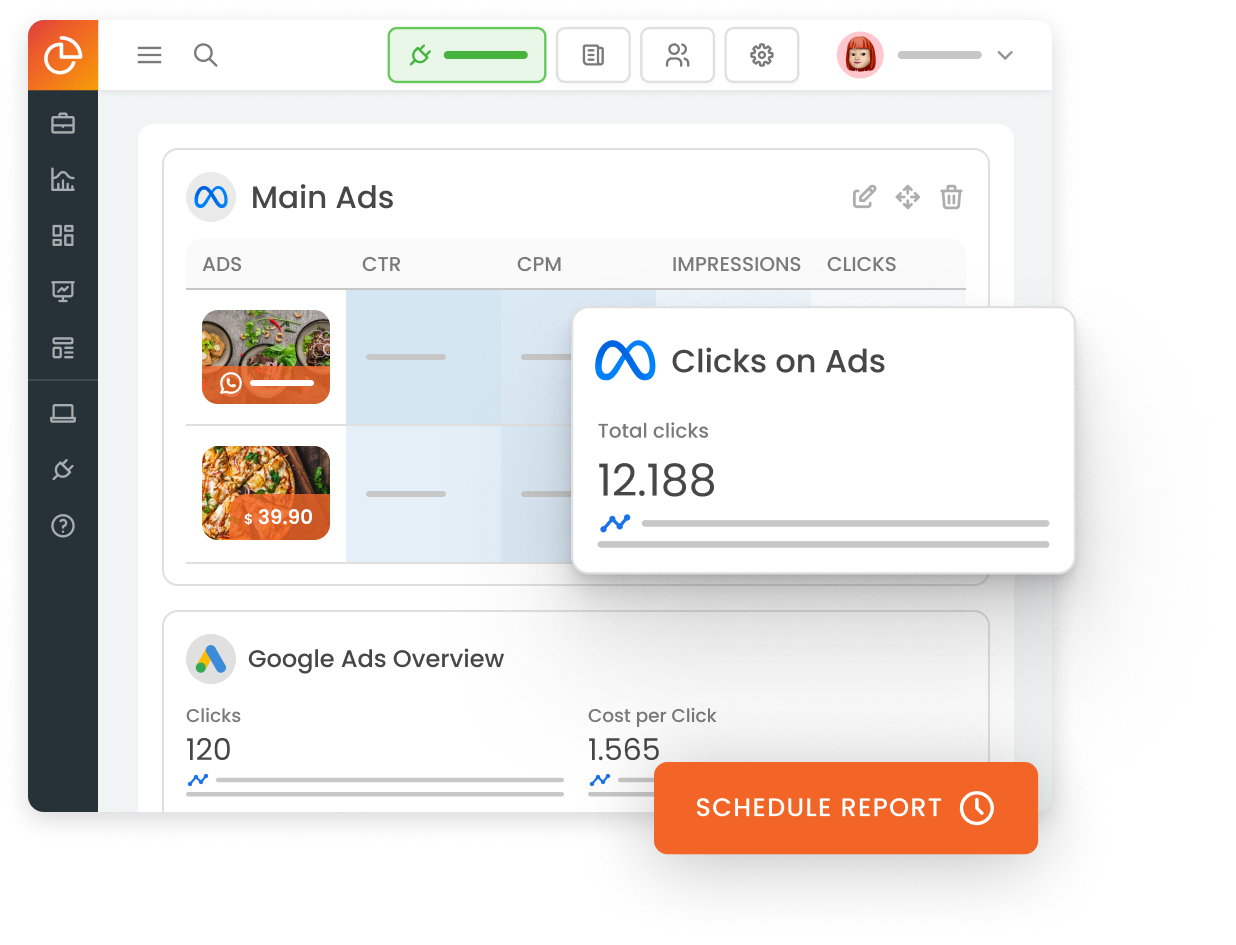 Meta Ads and Google Ads report within mLabs DashGoo, featuring a list of top ads, clicks on Ads, and an overview.