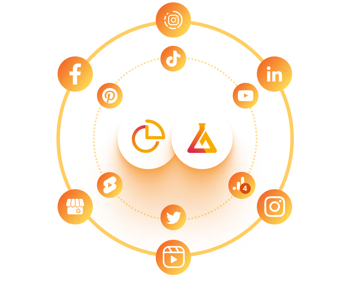 Íconos de las redes sociales integradas en mLabs Analytics junto con los logotipos de mLabs y mLabs Analytics.