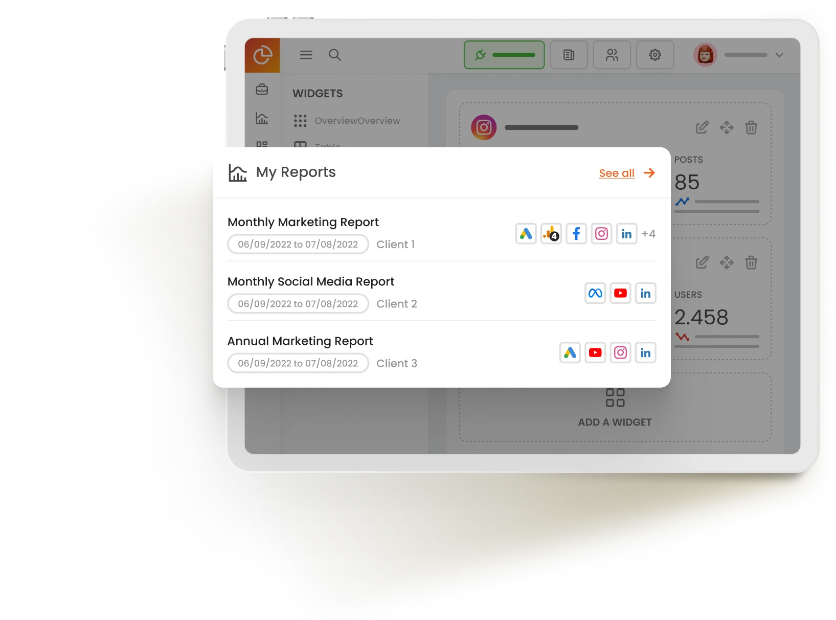Open report with Instagram and Google Analytics data. List of marketing reports.