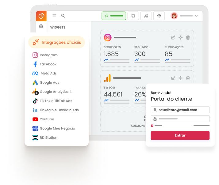 mlabs-analytics-relatorios-dashboards-home-pt Relatório de marketing com dados de Instagram e Google Ads, dentro da mLabs Analytics.