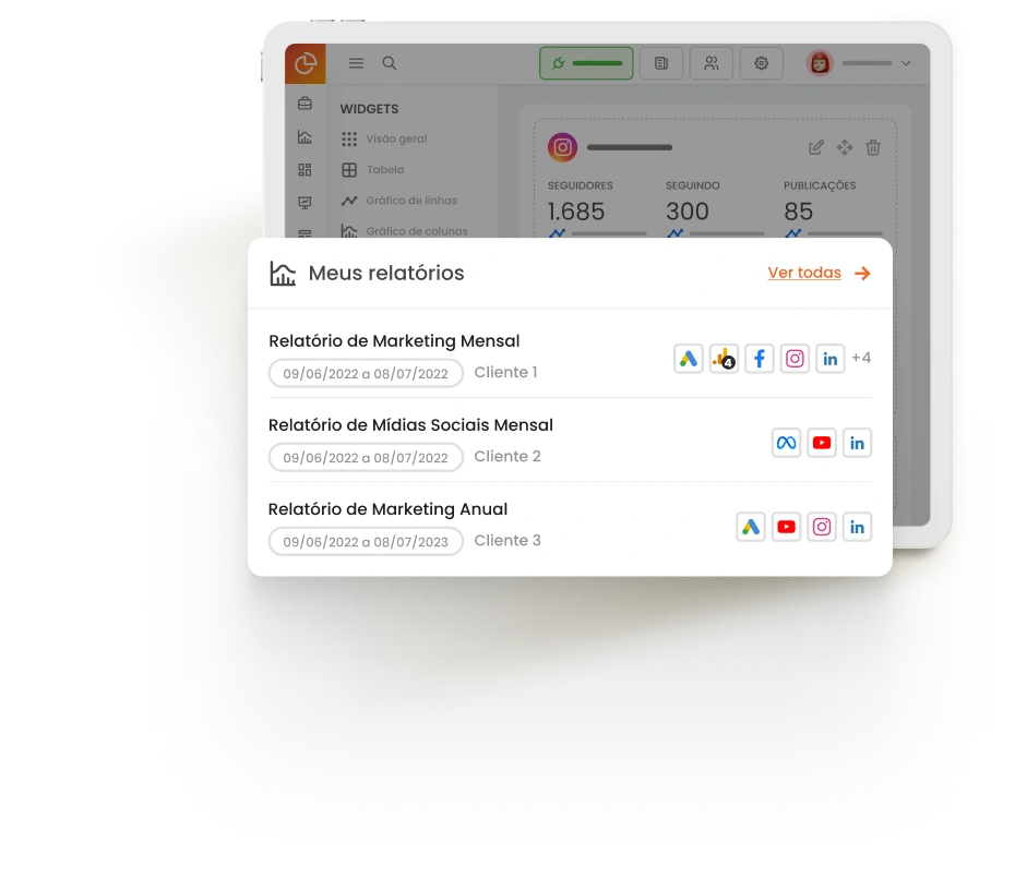 Relatório aberto com dados de Instagram e Google Analytics. Lista de relatórios de marketing.